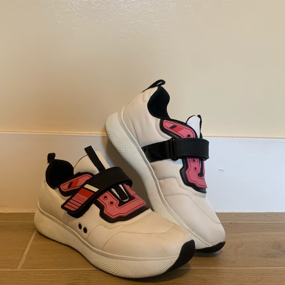 PRADA 3E6322 NYLON WHITE LOW TOP STRAP SNEAKERS - Picture 1 of 7